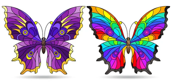 Ensemble Illustrations Dans Style Vitrail Avec Des Papillons Lumineux Insectes — Image vectorielle
