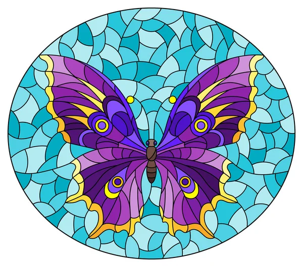 蓝色背景上有明亮紫色蝴蝶的彩色玻璃样式的插图 椭圆形图像 — 图库矢量图片