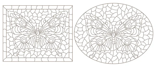 Conjunto Ilustraciones Contorno Estilo Vitral Con Mariposas Marcos Contornos Oscuros — Archivo Imágenes Vectoriales