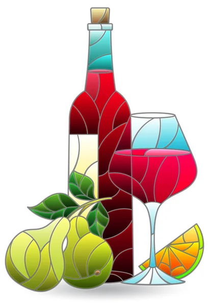 Glas Lood Illustratie Met Een Stilleven Een Fles Wijn Fruit — Stockvector