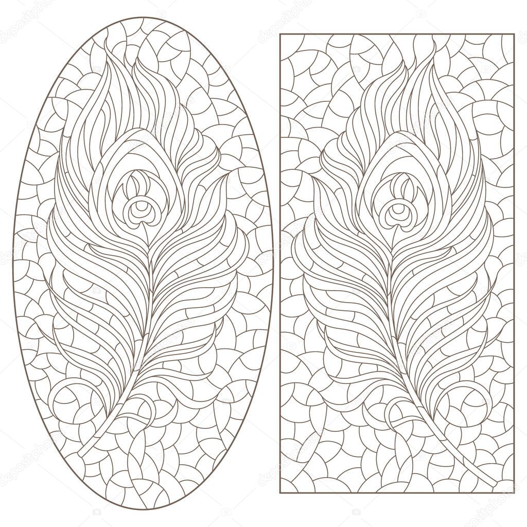 Set of contour illustrations in the style of stained glass with peacock feathers, dark outlines on a white background