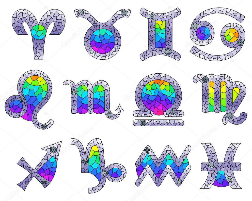 A set of illustrations in the style of stained glass with zodiac signs, icons isolated on a white background