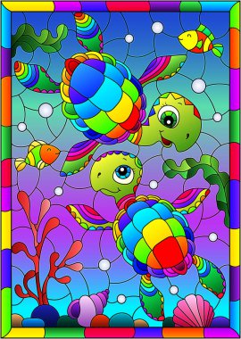 Deniz tabanının arka planında parlak karikatür kaplumbağaları, balık ve su, parlak bir çerçeve içinde boyalı cam tasviri