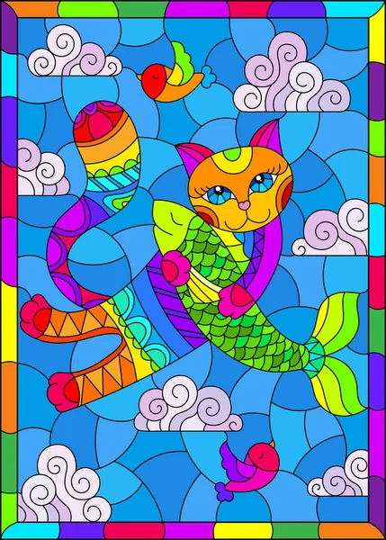 Stained Glass Illustration Cartoon Cat Hugging Fish Cloudy Sky Rectangular — Stock Vector