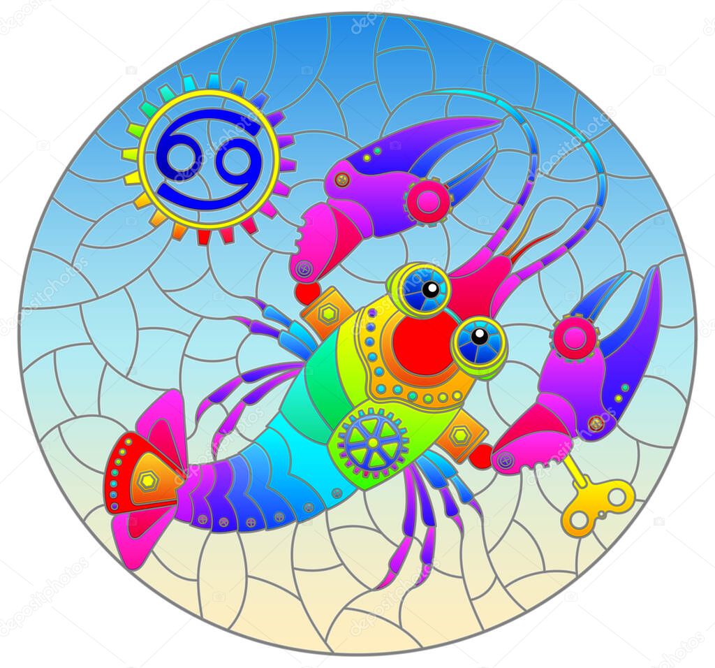 Illustration in the style of a stained glass window with an illustration of the steam punk sign of the horoscope Cancer, oval image