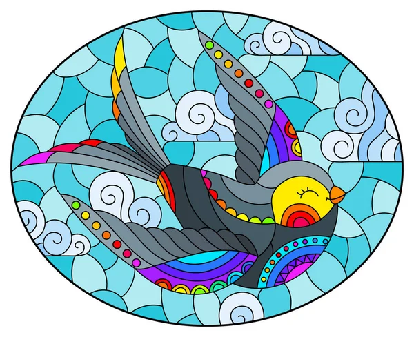 用明亮的卡通燕子和蝴蝶在乌云密布的天空 椭圆形图像映衬下的彩绘玻璃窗的风格图解 — 图库矢量图片