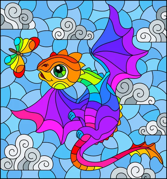 Ilustración Vidrieras Con Dragón Dibujos Animados Arco Iris Brillante Contra — Archivo Imágenes Vectoriales