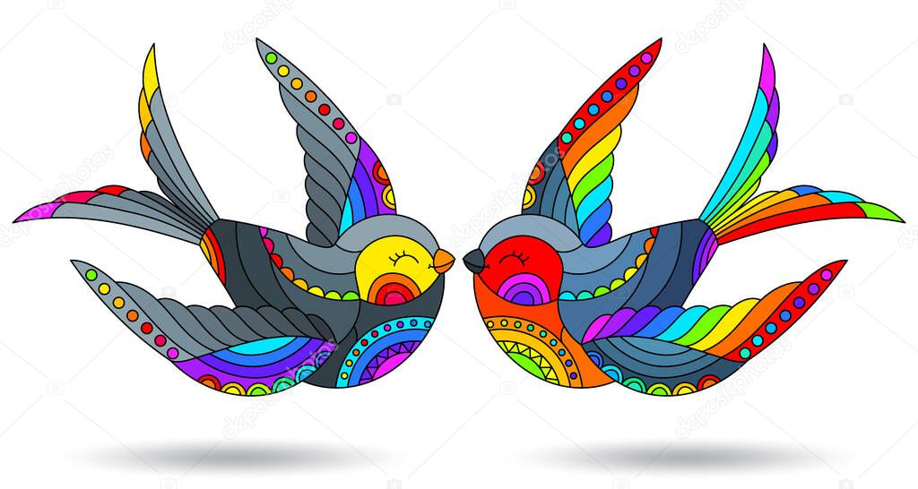 A set of illustrations in the style of a stained glass window with swallows, bright animals isolated on a white background