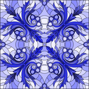 Soyut girdaplar ve açık arkaplan üzerinde yapraklar, kare yönelim, ton mavisi