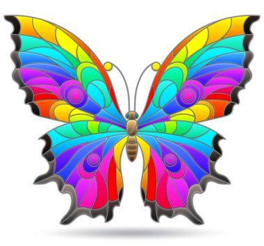 Parlak bir kelebeği olan, beyaz bir arka planda izole edilmiş, boyalı cam pencere tarzında bir resim.