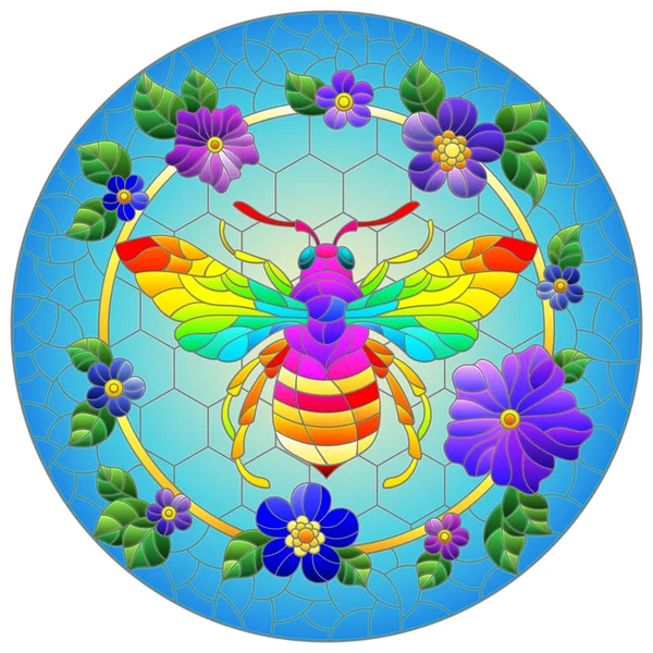 ハニカムと明るい花を背景に円状に虹色の蜂が描かれたステンドグラスの窓のスタイルのイラスト 丸みのあるイメージ — ストックベクタ