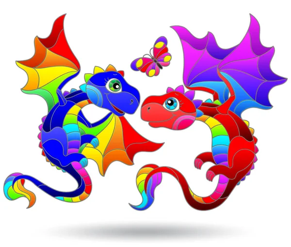 Conjunto Ilustraciones Estilo Vidrieras Con Dragones Dibujos Animados Animales Aislados — Archivo Imágenes Vectoriales