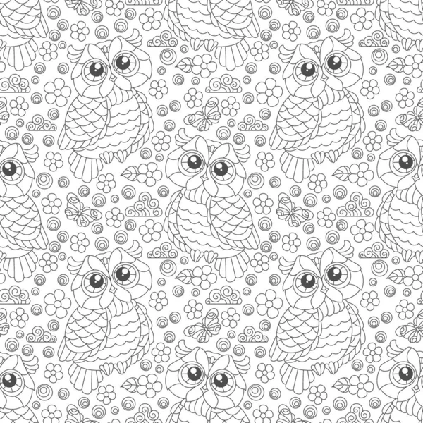 Seamless Pattern Cute Contour Owls Flowers Clouds Outline Birds White — Stock Vector