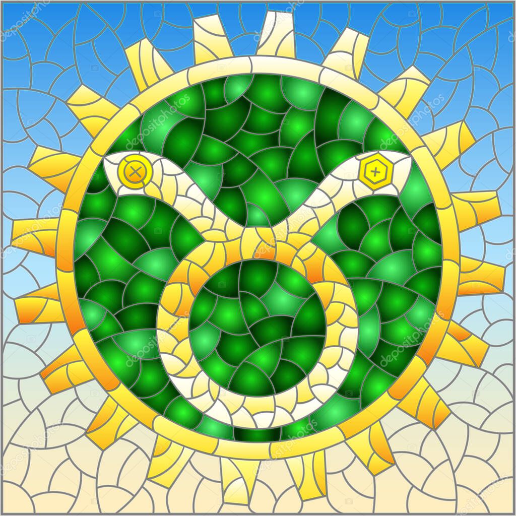 Illustration in the style of a stained glass window with an illustration of the steam punk sign of the horoscope Taurus