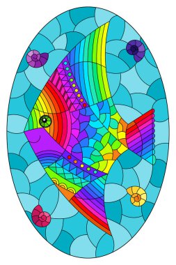 Mavi suların arka planında parlak gökkuşağı balık skaleri olan boyalı cam pencere tarzında bir resim, oval resim