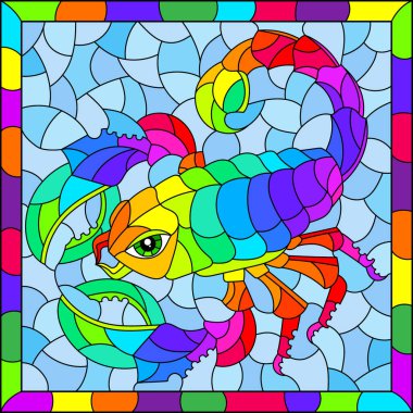 Parlak bir gökkuşağı akrebi, parlak bir çerçevede dikdörtgen bir görüntü ile boyalı cam pencere tarzında bir çizim.