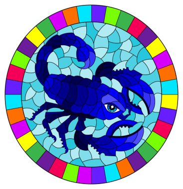 Parlak mavi bir akrebe sahip, parlak bir çerçevede oval bir görüntüye sahip, boyalı cam pencere tarzında bir çizim.