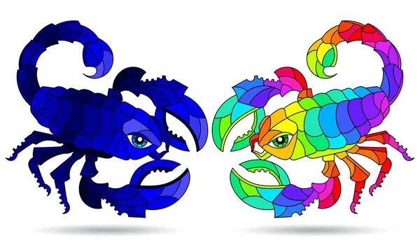 一套带有抽象蝎子的彩色玻璃样式的插图 动物在白色背景上被隔离 — 图库矢量图片