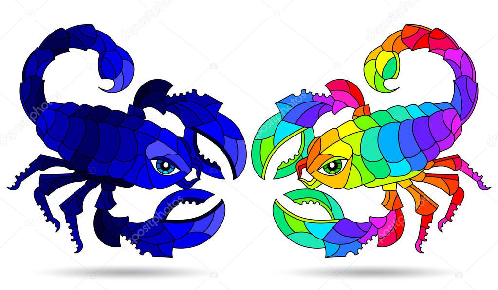 A set of illustrations in the style of stained glass with abstract scorpion, animals isolated on a white background