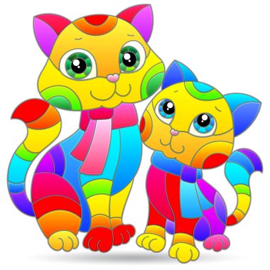 Gökkuşağı kedili bir takım vitray elementler, beyaz arkaplanda izole görüntüler