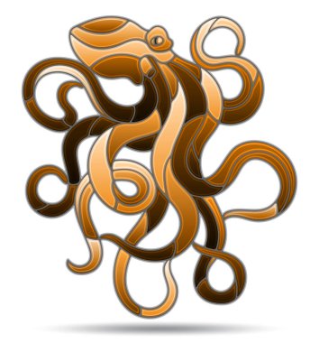 Illustration in stained glass style with brown octopus, animal isolated on white background
