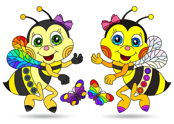 Eine Reihe Von Illustrationen Stil Der Glasmalerei Mit Cartoon Bienen — Stockvektor