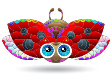 Parlak bir uğur böceğiyle boyalı cam pencere tarzında bir illüstrasyon, hayvan beyaz arka planda izole edilmiştir.