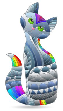 Parlak gri bir kediyle lekeli cam çizimi, beyaz arka planda izole edilmiş bir hayvan.