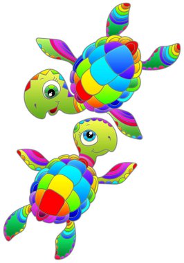 Parlak karikatür kaplumbağaları ve beyaz arka planda izole edilmiş hayvanlar ile boyalı cam tarzında bir dizi çizim.