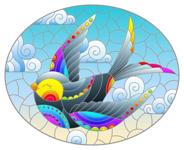 Illustration Style Stained Glass Window Bright Cartoon Swallow Butterfly Cloudy — Stockový vektor