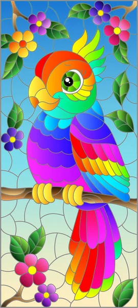 Illustration Glasmalerei Stil Mit Einem Hellen Cartoon Papagei Auf Einem — Stockvektor