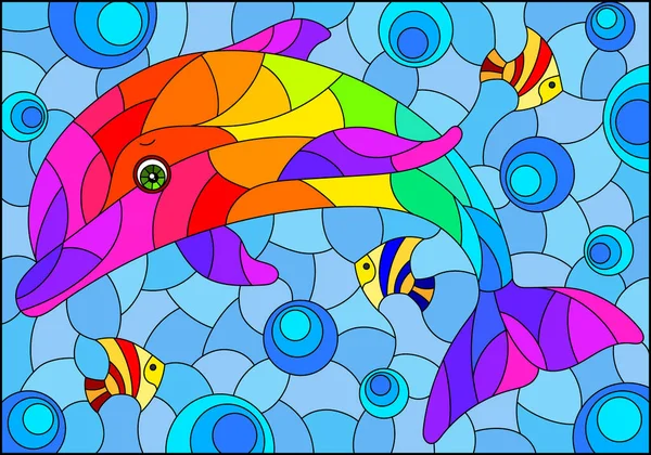 Ilustrace Stylu Vitrážového Okna Roztomilým Kresleným Delfínem Vodním Pozadí Obdélníkový — Stockový vektor