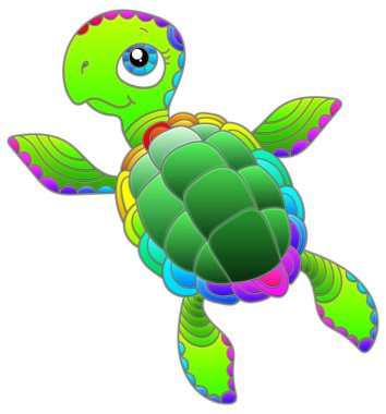 Parlak bir çizgi film kaplumbağası olan vitray pencereli bir resimde, hayvan beyaz bir arka planda izole edilmiştir.