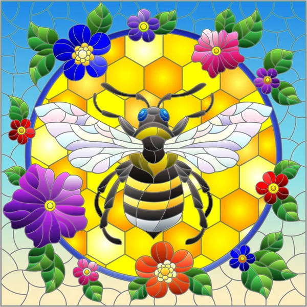 ミツバチや明るい花を背景に円の中に蜂がいるステンドグラスの窓のスタイルのイラスト 長方形のイメージ — ストックベクタ