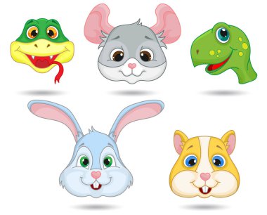 Çizgi filmlerdeki evcil hayvanların yüzlerine sahip resimler, beyaz arka planda izole edilmiş hayvanlar.