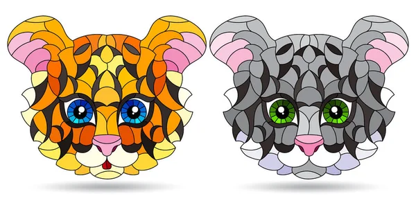 Set Illustrations Style Stained Glass Abstract Tigers Portraits Animals Isolated — Stockový vektor