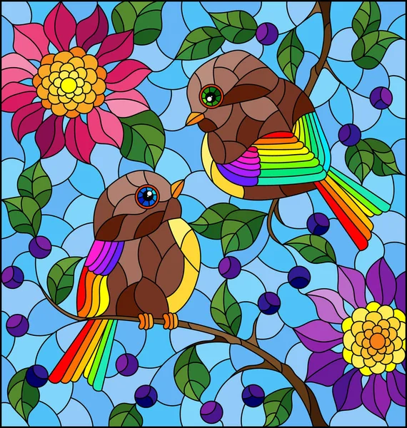 木の枝に鳥が座り 青空を背景に花が咲くステンドグラス風のイラスト — ストックベクタ