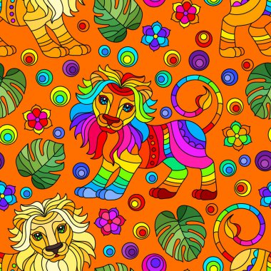 Kusursuz desenli aslanlar, parlak gökkuşağı hayvanları, çiçekler ve turuncu arka planda yapraklar.