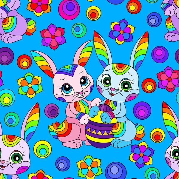 Seamless Pattern Theme Easter Holiday Cute Cartoon Bright Rabbits Flowers — Stock Vector