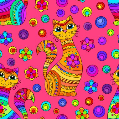 Pembe arka planda parlak kedileri ve vitray çiçekleri olan kusursuz bir desen.