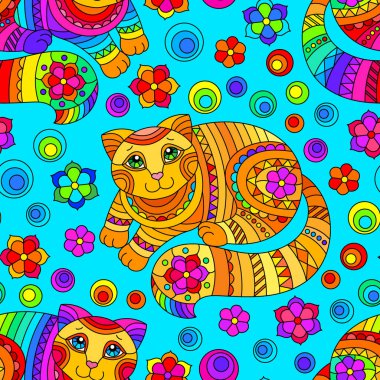 Pürüzsüz desenli parlak kediler ve mavi bir arka planda vitray şeklinde çiçekler.