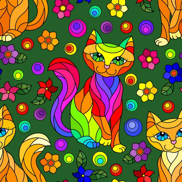 Patrón Sin Costuras Con Gatos Brillantes Flores Estilo Vidriera Sobre — Vector de stock