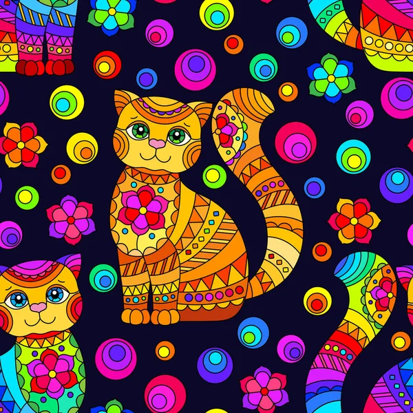 色彩艳丽的猫和花的无缝图案 深色背景下的玻璃窗风格 — 图库矢量图片