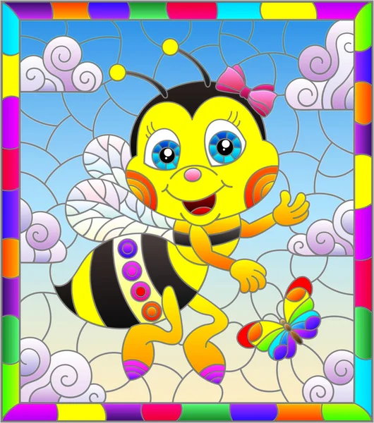 Illustration Style Stained Glass Window Cute Cartoon Bee Blue Sky — Stock Vector