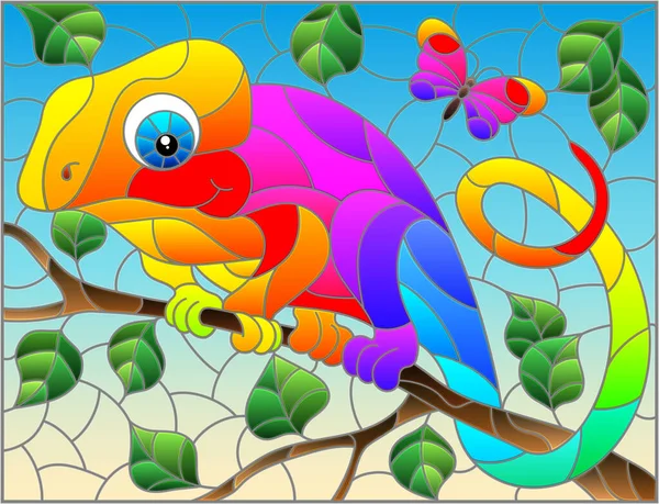 Illustration Stil Med Ett Färgat Glasfönster Med Ljus Tecknad Kameleont — Stock vektor
