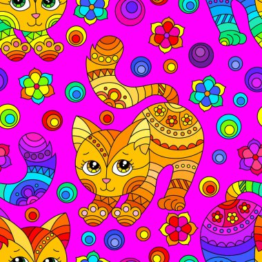Pembe arka planda parlak kedileri ve vitray çiçekleri olan kusursuz bir desen.