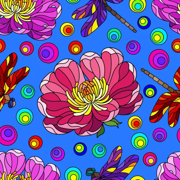 Nahtloses Muster Mit Hellen Blumen Und Libellen Stil Von Glasmalerei — Stockvektor