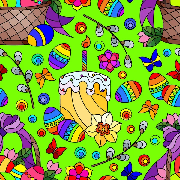Płynny Wzór Temat Świąt Wielkanocnych Kosze Ciasta Jajka Kwiaty Zielonym — Wektor stockowy