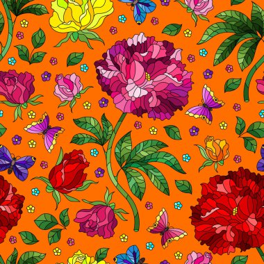 Gül çiçekleri, kelebekler, parlak çiçekler ve turuncu arka planda böceklerle kusursuz bir desen.