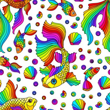 Seamless pattern on a marine theme with bright rainbow fish and shells, bright fish on a white background clipart